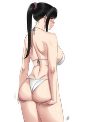  ass ass_grab ass_lift ass_support bikini black_eyes black_hair blush breasts commentary cowboy_shot female from_behind grabbing_own_ass hair_ornament hair_scrunchie halterneck highres large_breasts long_hair looking_at_viewer looking_back mature_female nush_(xter) original ponytail red_lips scrunchie sidelocks signature simple_background solo standing swimsuit symbol-only_commentary white_background white_bikini xter 