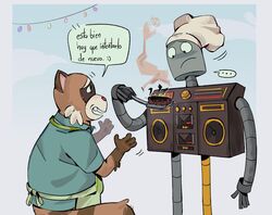  2024 anthro apron brown_body chef_hat clothing dialogue duo hat headgear headwear hi_res machine male mammal peanutbou procyonid raccoon rascal_(robot_dreams) robot robot_(robot_dreams) robot_dreams shirt slightly_chubby spanish_text text topwear translated 