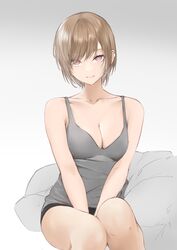  a9_(repainter) absurdres between_legs black_shorts breasts bright_pupils brown_hair cleavage closed_mouth collarbone commentary earclip female grey_tank_top hand_between_legs highres looking_at_viewer medium_breasts original red_eyes short_hair shorts sidelocks solo tank_top 