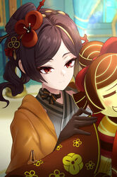  absurdres brown_hair chiori_(genshin_impact) choker commentary_request dasoin eyeshadow female genshin_impact grey_kimono hair_intakes hair_ornament hair_stick haori highres japanese_clothes kimono makeup medium_hair ponytail red_eyes ribbon_choker smile solo tamoto_(genshin_impact) upper_body 