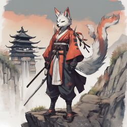  1:1 akarui anthro asian_clothing canid canine clothed clothing east_asian_clothing female fog fox fully_clothed fur japanese_clothing katana kemono kuu mammal melee_weapon mountain nature nature_background red_body red_fur shinto_shrine solo sword tail temple weapon white_body white_fur 