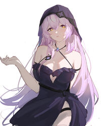  absurdres alternate_costume bare_shoulders black_dress black_swan_(honkai:_star_rail) breasts bright_pupils clothing_cutout commentary_request cowboy_shot criss-cross_halter dress female halterneck heart_cutout highres honkai:_star_rail honkai_(series) long_hair looking_at_viewer parted_lips purple_hair sleeveless sleeveless_dress solo veil very_long_hair white_pupils yellow_eyes yingmusang-l1f 