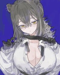  absurdres animal_ears arknights bags_under_eyes blue_background breasts brown_eyes cleavage female freckles grey_hair highres holding holding_knife knife large_breasts long_hair partially_unbuttoned polka_dot polka_dot_shirt raccoon_ears robin_(arknights) rocb shirt 