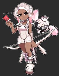  agent_8_(splatoon) black_background black_eyes bodysuit bow_(weapon) breasts closed_mouth color_chip_(splatoon) commentary_request covered_navel crown dark-skinned_female dark_skin eyelashes female floating full_body gradient_hair highres holding holding_bow_(weapon) holding_weapon large_breasts long_hair multicolored_hair non-humanoid_robot octoling octoling_girl octoling_player_character order_stringer_(splatoon) pearl_drone_(splatoon) red_hair riki0731 robot simple_background sleeveless sleeveless_bodysuit splatoon_(series) splatoon_3 splatoon_3:_side_order standing tentacle_hair translation_request tri-stringer_(splatoon) two-tone_hair weapon white_bodysuit white_hair 