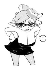  ! absurdres alternate_breast_size bare_arms bare_shoulders bent_over bow-shaped_hair breasts cleavage cropped_legs detached_collar dress earrings female flipped_hair food food_on_head gloves grey_hair half_updo hands_on_own_hips highres hoop_earrings inkling jewelry large_breasts leaning_forward marie_(splatoon) mole mole_under_eye monochrome o_den object_on_head pantyhose pointy_ears short_dress short_ponytail solo splatoon_(series) strapless strapless_dress sushi swept_bangs tentacle_hair thick_eyebrows updo v-shaped_eyebrows 