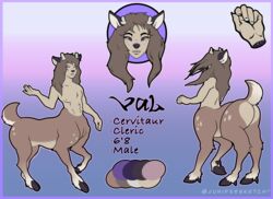  absurd_res brown_hair deer deer_taur fluffy fur gradient_background gradient_fur hair hi_res human_torso junipersketch long_hair mammal mammal_taur model_sheet purple_eyes raised_tail simple_background solo stubby_antlers tail tan_body tan_fur taur 