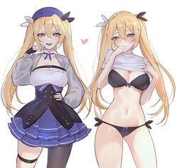  black_bra black_panties blonde_hair blue_headwear blush bow bow_panties bra breasts choker cleavage dokibird_(vtuber) dress embarrassed evangellium female fingerless_gloves gloves green_eyes grey_jacket hair_between_eyes hat highres indie_virtual_youtuber jacket layered_dress long_hair looking_at_viewer medium_breasts multiple_views open_mouth paid_reward_available panties simple_background smile twintails underwear virtual_youtuber white_background 