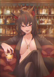  a9_(repainter) absurdres ahoge alcohol animal_ear_fluff animal_ear_piercing animal_ears bar_(place) black_hair black_jacket black_pants blurry blurry_background bottle bracelet braid breasts chromatic_aberration collarbone commentary couch crossed_bangs crossed_legs cup ear_piercing earrings eyelashes fangs female fingernails fox_ears fox_girl fox_tail gold_necklace hair_between_eyes highres holding holding_cup hololive indoors jacket jewelry kurokami_fubuki lapels large_breasts long_hair long_sleeves looking_at_viewer multicolored_hair nail_polish necklace on_couch open_clothes open_jacket open_mouth pants piercing red_eyes red_hair red_nails shelf side_braid sidelocks single_braid sitting smile solo streaked_hair symbol-only_commentary tail teeth tongue tumbler_glass v-shaped_eyebrows virtual_youtuber 