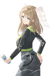  artist_name ass back black_bodysuit black_choker black_jacket blue_eyes blue_pupils bodysuit brown_hair choker eunie_(xenoblade) female furrowed_brow glowing_lines green_hoodie hand_on_own_ass head_wings highres hood hoodie jacket leather leather_jacket medium_hair open_clothes open_jacket raised_eyebrows revvie solo white_wings wings xenoblade_chronicles_(series) xenoblade_chronicles_3 