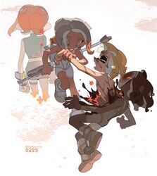  4girls agent_4_(splatoon) agent_8_(splatoon) artist_name bakori514_(h_akka) blonde_hair bodysuit closed_eyes dual_persona grey_eyes gun highres holding holding_another&#039;s_arm holding_gun holding_weapon inkling inkling_girl inkling_player_character jelleton medium_hair multiple_girls octoling octoling_girl octoling_player_character order_charger_(splatoon) parallel_canon red_hair simple_background sleeveless sleeveless_bodysuit splatoon_(series) splatoon_2 splatoon_2:_octo_expansion splatoon_3 splatoon_3:_side_order tentacle_hair twitter_username weapon white_background white_bodysuit 