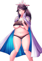  black_hair breasts cape circlet cleavage female fire_emblem fire_emblem_if gluteal_fold harihisa mikoto_(fire_emblem_if) navel nintendo plump simple_background solo stomach tiara underboob underwear 