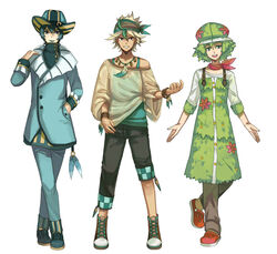  androgynous aqua_hair aqua_headwear asymmetrical_clothes awii bandana black_pants blonde_hair blue_eyes blue_footwear blue_pants brown_eyes commentary_request crocs cross-laced_footwear formal full_body gracidea green_eyes green_hair green_hat hand_in_pocket hat jewelry leafeon lipstick makeup multiple_boys necklace open_mouth outstretched_arms pants parted_lips personification pokemon red_footwear shaymin shaymin_(sky) shoes smile sneakers standing suit vaporeon wristband 