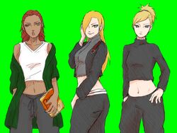  3girls alternate_costume aqua_eyes blonde_hair collarbone cosplay cowboy_shot food green_background ino_yamanaka karui lips long_sleeves looking_at_viewer midriff multiple_girls naruto navel off_shoulder ponytail red_hair simple_background sleeveless smile temari toes turtleneck zipper 