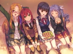  4girls :d ;o ^_^ bad_id bad_pixiv_id bench black_hair black_legwear blazer bob_cut closed_eyes dress_shirt eating food glasses green_eyes jacket kneehighs long_hair mary_janes multiple_girls natsu_natsuna necktie one_eye_closed open_mouth orange_eyes orange_hair original plaid plaid_skirt pleated_skirt ponytail purple_hair red_eyes red_hair sandwich school_uniform shirt shoes short_hair sitting skirt smile socks thighhighs twintails vest white_legwear yawning 