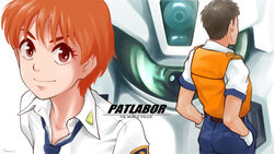  1boy alphonse_(av-98_ingram) av-98_ingram brown_eyes brown_hair commentary_request female gloves hands_in_pockets izumi_noa kidou_keisatsu_patlabor looking_at_viewer mecha necktie orange_hair photoshop_(medium) police police_uniform red_hair robot science_fiction shinohara_asuma short_hair timuri uniform vest 