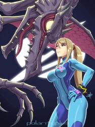  alien blonde_hair blue_bodysuit blue_eyes bodysuit breasts claws commentary daniel_macgregor english_commentary faceoff female frown glowing glowing_eyes hair_between_eyes hair_ornament hair_scrunchie hands_on_hips height_difference high_ponytail highres impossible_bodysuit impossible_clothes large_breasts lips long_hair long_tongue metroid mole mole_under_mouth nintendo no_pupils nose open_mouth ponytail ridley samus_aran scrunchie sharp_teeth shiny shiny_clothes sidelocks size_difference skin_tight spikes super_smash_bros. super_smash_bros._ultimate teeth tongue wings yellow_eyes zero_suit 