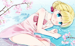  bare_shoulders blonde_hair blue_eyes blush bow braid cherry_blossoms chestnut_mouth commentary_request dress earrings female hair_bun hair_up highres jewelry looking_at_viewer lying necklace on_side photoshop_(medium) pink_dress reflection single_hair_bun solo tada-kun_wa_koi_wo_shinai teresa_wagner wari_(nirodo26) water 