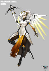  armor bad_id bad_pixiv_id black_eyes boots female garayann grey_background halo highres mechanical_halo mechanical_wings mercy_(overwatch) overwatch overwatch_1 pantyhose photoshop_(medium) ponytail simple_background skin_tight smile solo wings yellow_wings 