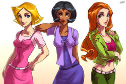  alex_(totally_spies) black_hair blonde_hair blue_eyes breasts cleavage clover_(totally_spies) dark_skin gradient gradient_background green_eyes lips looking_at_viewer multiple_girls orange_eyes orange_hair sam_(totally_spies) short_hair thick_lips totally_spies 