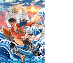  1boy bird black_hair blue_sky boat brown_eyes full_body getiao holding holding_sword holding_weapon katana looking_to_the_side mutsu-no-kami_yoshiyuki oar open_mouth outdoors ponytail sandals sky sword touken_ranbu watercraft weapon 