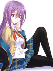  black_pantyhose blue_skirt blush breasts commentary_request dress_shirt female gj-bu highres kurokawa_(silve) large_breasts long_hair looking_at_viewer pantyhose photoshop_(medium) purple_eyes purple_hair shirt sitting skirt smile solo sumeragi_shion 