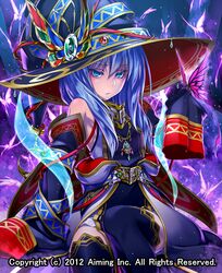  black_thighhighs blue_eyes blue_hair bug butterfly cape commentary_request dated detached_sleeves female hat jewelry kentairui looking_at_viewer lord_of_knights necklace official_art reti_(lord_of_nights) sitting solo thighhighs watermark witch_hat 