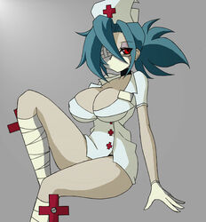  bare_legs blue_hair breasts face_mask female gradient gradient_background large_breasts legs mask misaki_naoe nurse nurse_cap red_eyes simple_background skullgirls solo surgical_mask valentine_(skullgirls) 