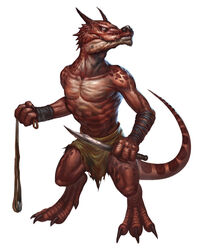  3_toes 4_fingers anthro barefoot biped bottomwear claws clothed clothing digitigrade dungeons_and_dragons feet fingers grey_eyes hasbro hi_res holding_object holding_weapon horn knife kobold kobold_(5e) loincloth looking_aside male melee_weapon muscular muscular_anthro muscular_male official_art pecs pupils red_body red_skin reptile rock scalie simple_background skimpy sling_(weapon) slit_pupils solo standing toes topless weapon white_background wizards_of_the_coast 