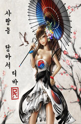  931015min alternate_costume bad_aspect_ratio bare_shoulders bird bracelet branch breasts brown_eyes brown_hair cherry_blossoms cleavage collarbone commentary cowboy_shot d.va_(overwatch) dress english_commentary facepaint facial_mark female flag_dress flag_print flower hair_flower hair_ornament hand_on_own_hip head_tilt highres holding holding_umbrella jewelry korean_text long_hair looking_at_viewer medium_breasts nose one_eye_closed orange_flower overwatch overwatch_1 parasol parted_lips patriotism petals photoshop_(medium) red_lips rose_of_sharon sleeveless sleeveless_dress smile solo south_korean_flag south_korean_flag_print translated umbrella whisker_markings white_dress white_flower yellow_flower 