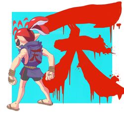  1boy andrew_parish_johnston bike_shorts domino_mask dougi from_behind gouki heaven_(kanji) inkling mask paint parody pointy_ears red_eyes red_hair rope sandals shun_goku_satsu sleeveless solo splatoon street_fighter tentacle_hair 