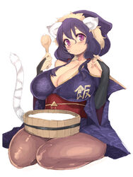  absurdres animal_ears breasts cat_ears cat_tail cleavage clothes_writing commentary_request female highres houjou_ujimasa_(sengoku_bushouki_muramasa) huge_breasts long_hair looking_at_viewer ohitsu pantyhose purple_eyes purple_hair sengoku_bushouki_muramasa shamoji simple_background solo tail white_background whoosaku 