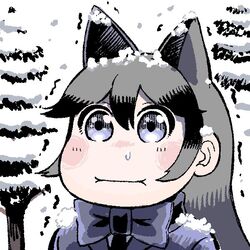  :i animal_ears blue_bow blue_bowtie blue_eyes blue_jacket blush bow bowtie commentary_request extra_ears female fox_ears grey_hair hare_(tetterutei) jacket kemono_friends long_hair looking_at_viewer multicolored_hair no_nose pine_tree portrait silver_fox_(kemono_friends) snot snow snowing solo tree trembling two-tone_hair 