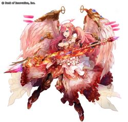  :o angel angel_wings bank_of_innovation black_gloves blue_eyes breasts cleavage commentary_request cryptract dress feathered_wings female fire frilled_dress frills full_body gloves halo lance looking_to_the_side medium_breasts official_art open_mouth pink_hair polearm solo twintails uriel_(cryptract) weapon white_background white_dress wings 