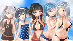  5girls amatsukaze_(kancolle) bikini black_hair blue_eyes blue_hair breasts brown_eyes casual_one-piece_swimsuit commentary_request double_bun grey_hair hair_bun hair_ornament hair_ribbon hairclip hamakaze_(kancolle) highres holding_hands isokaze_(kancolle) kantai_collection large_breasts long_hair medium_breasts multiple_girls o-ring o-ring_top off_shoulder one-piece_swimsuit one_eye_closed open_mouth polka_dot polka_dot_bikini polka_dot_swimsuit red_eyes ribbon ribbon-trimmed_swimsuit ribbon_trim scrunchie short_hair sin_(kami148) small_breasts smile swimsuit tokitsukaze_(kancolle) unzipped urakaze_(kancolle) 