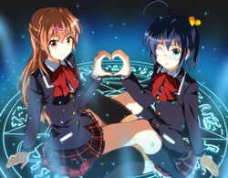  2girls black_hair black_socks black_thighhighs blue_eyes brown_eyes brown_hair chuunibyou_demo_koi_ga_shitai! commentary_request enfuku eyepatch hair_ornament hairclip heart heart_hands heart_hands_duo icho_private_high_school_uniform long_hair magic_circle medical_eyepatch multiple_girls nibutani_shinka one_side_up school_uniform short_hair socks takanashi_rikka thighhighs zettai_ryouiki 