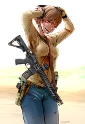  clothed didloaded female firearm gradient_background gun m4 solo sweat tagme 