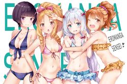  3: 4girls :o absurdres aqua_eyes arm_up bandaged_fingers bandages bare_shoulders beads bikini bikini_skirt blonde_hair blue_bikini blunt_bangs bow breast_hold breasts brown_eyes brown_hair check_commentary cleavage closed_mouth collarbone commentary_request copyright_name drill_hair eromanga_sensei from_side front-tie_bikini_top front-tie_top girl_sandwich grey_hair hair_beads hair_ornament hairbow halterneck hand_on_own_hip highres hug izumi_sagiri jinno_megumi lineup looking_at_viewer medium_breasts multiple_girls navel one_eye_closed open_mouth orange_bikini parted_bangs pink_bikini pointy_ears ponytail purple_eyes purple_hair ringlets sandwiched senju_muramasa small_breasts striped_bikini striped_clothes swimsuit underboob v-shaped_eyebrows w yamada_elf yoshida_iyo 