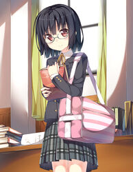  bag black_hair book commentary_request female glasses highres looking_at_viewer momoiro_taisen_pairon original plaid plaid_skirt red_eyes semi-rimless_eyewear short_hair skirt smile solo yuuri_nayuta 