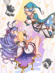  1boy bad_id bad_pixiv_id bare_shoulders barefoot blonde_hair brother_and_sister closed_eyes female granblue_fantasy hair_ribbon hat highres light_purple_hair looking_at_viewer looking_back morphe_(granblue_fantasy) nightcap phoebe_(granblue_fantasy) pillow ribbon siblings smile tapir teapot twitter_username yellow_eyes yumekui 