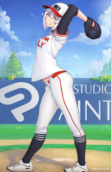  arms_up baseball baseball_cap baseball_mitt baseball_uniform black_socks blue_eyes blue_sky blush breasts commentary day english_commentary fangs female full_body grin hair_between_eyes hat lips looking_at_viewer luna_(unsomnus) original outdoors pants pitching pitching_mound pointy_ears shirt short_hair sky small_breasts smile socks solo sportswear standing tree unsomnus vampire white_hair white_pants white_shirt 