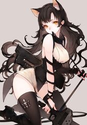  animal_ears black_hair blake_belladonna boots cat_ears chobi_(sakuyasakuhana) commentary_request female gambol_shroud gun highres kneeling long_hair looking_at_viewer mouth_hold rwby simple_background solo strap thighhighs weapon yellow_eyes 