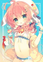  ahoge animal_ears bad_id bad_pixiv_id bell bikini blue_background blush bracelet cow_ears cow_tail cowbell female flat_chest flower_bracelet food frilled_bikini frills green_eyes hair_ornament hairclip hand_up hat head_tilt holding ice_cream ice_cream_cone jacket jewelry long_hair looking_at_viewer lowleg lowleg_bikini navel nekoto_rina open_mouth original pink_hair ribbon smile solo swimsuit tail tail_ornament tail_ribbon 