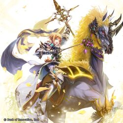  :o androgynous aqua_eyes arm_up armor bank_of_innovation boots brown_hair commentary_request cryptract female gauntlets greaves horns horse horseback_riding melissa_(cryptract) official_art polearm red_eyes reins riding saddle short_hair weapon 