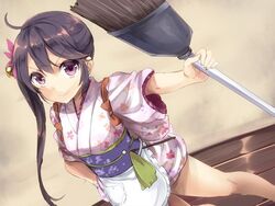  &gt;:) akebono_(kancolle) akebono_(new_year_mode)_(kancolle) apron bell broom commentary_request female flower hair_bell hair_flower hair_ornament hand_on_own_hip japanese_clothes jingle_bell jpeg_artifacts kantai_collection kimono long_hair maruki_(punchiki) obi official_alternate_costume sash side_ponytail smile solo standing tasuki v-shaped_eyebrows waist_apron 