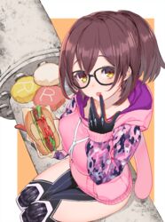  android animal_hood blush border breasts brown_hair burger camouflage camouflage_hoodie cheese commentary fast_food female food food_bite food_wrapper from_above glasses hands_up hololive hood hood_down hoodie izumi_sai joints ketchup lettuce licking licking_finger long_sleeves mechanical_arms mechanical_legs medium_breasts official_alternate_costume orange_background outside_border paw_print paw_print_pattern pink_hoodie rabbit_hood roboco-san roboco-san_(hoodie) robot_joints short_hair short_ponytail simple_background single_mechanical_arm sitting solo thighs tomato utility_pole virtual_youtuber white_border yellow_eyes 