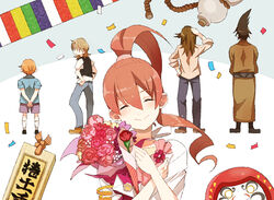  4boys ^_^ bad_id bad_pixiv_id bouquet brown_eyes brown_hair closed_eyes confetti daruma_doll female flower from_behind gourd houhou_(black_lack) japanese_clothes kimono looking_back mole mole_under_eye mother_(uchouten_kazoku) mother_and_son multiple_boys ponytail shimogamo_yaichirou shimogamo_yajirou shimogamo_yasaburou shimogamo_yashirou shorts smile uchouten_kazoku yukata 