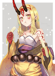  :t bad_id bad_pixiv_id banana bare_shoulders blonde_hair closed_mouth collarbone commentary_request earrings eating facial_mark fate/grand_order fate_(series) female food forehead_mark fruit highres holding holding_food ibaraki_douji_(fate) japanese_clothes jewelry kimono long_hair long_sleeves looking_at_viewer obi off_shoulder pointy_ears sash solo tattoo twitter_username very_long_hair wide_sleeves yellow_eyes yellow_kimono yukihama 