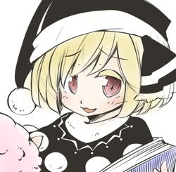  :3 :d blonde_hair book commentary_request cosplay doremy_sweet doremy_sweet_(cosplay) dream_soul female hair_ribbon hat jagabutter nightcap open_mouth red_eyes ribbon rumia smile smug solo touhou 