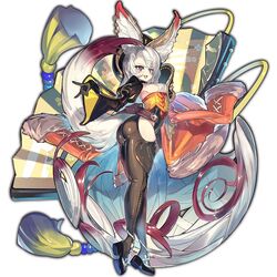  animal_ears ass black_legwear blush detached_sleeves earrings female full_body gloves jewelry last_period long_hair official_art open_mouth solo tail white_hair whoopin 