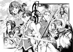  4girls 6+boys between_fingers circlet clenched_teeth commentary_request culgan_(suikoden) dual_wielding eilie_(suikoden) everyone flik_(suikoden) gensou_suikoden gensou_suikoden_ii greyscale hairband headband holding jillia_blight jowy_atreides-blight long_hair luca_blight lucia_(suikoden) monochrome multiple_boys multiple_girls nanami_(suikoden) photoshop_(medium) riou_(suikoden) scarf seed_(suikoden) short_hair shu_(suikoden) staff teeth tonfa true_rune viktor_(suikoden) wataringo weapon whip 